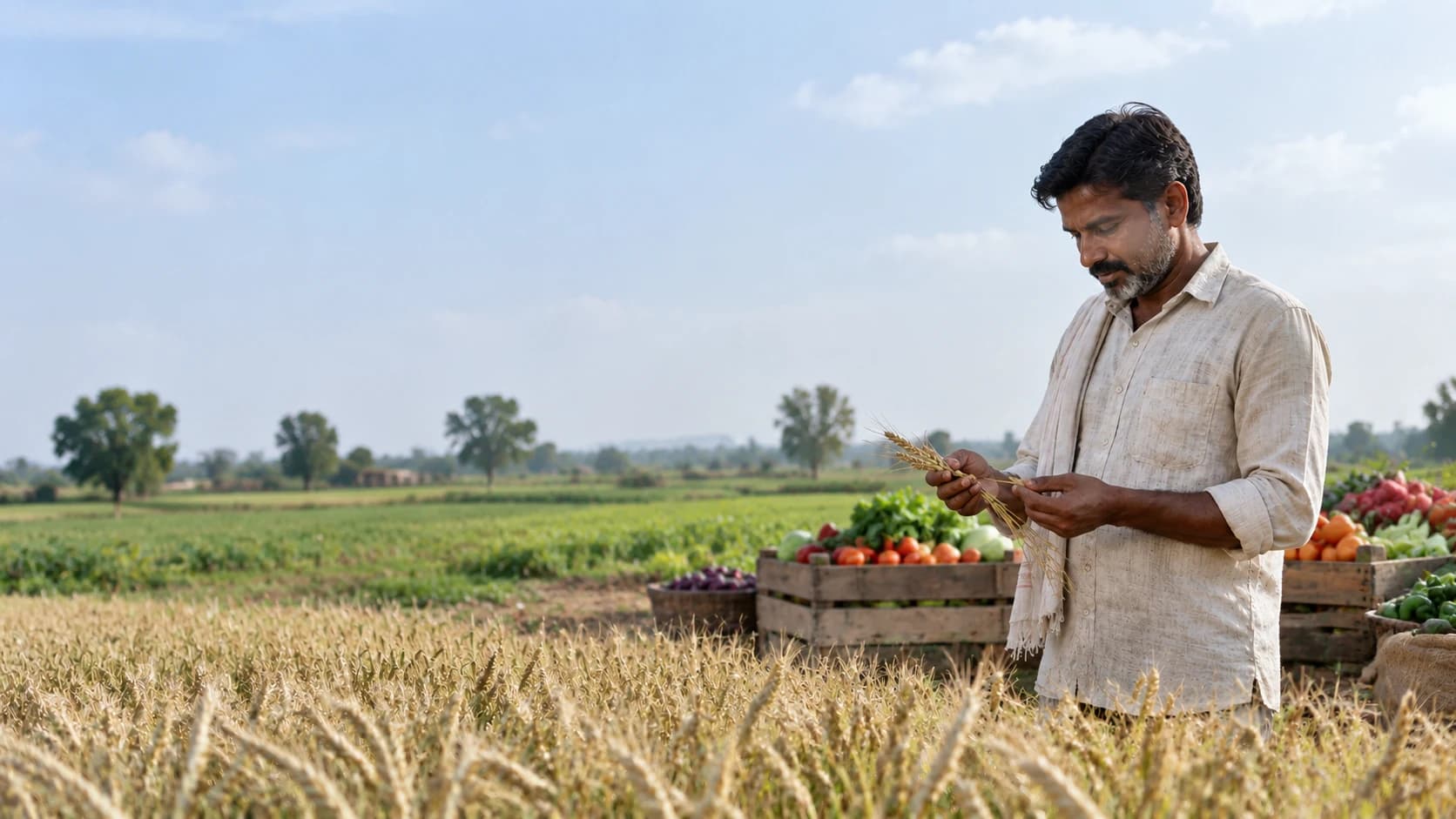 Farmer in a golden wheat field with fresh harvest